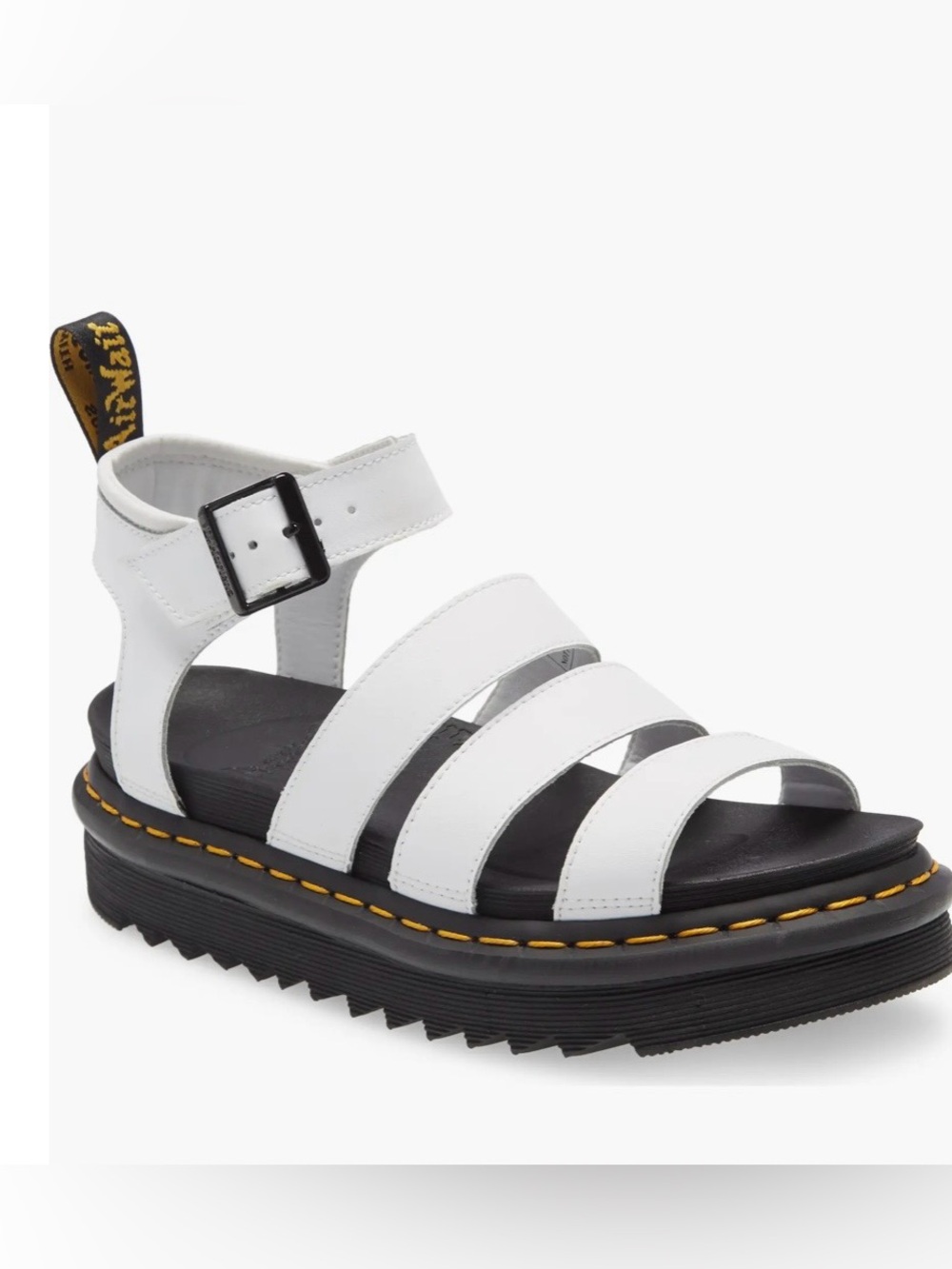 Dr. Martens Blaire White Hydro Leather Platform Strappy Sandal with Black Sole